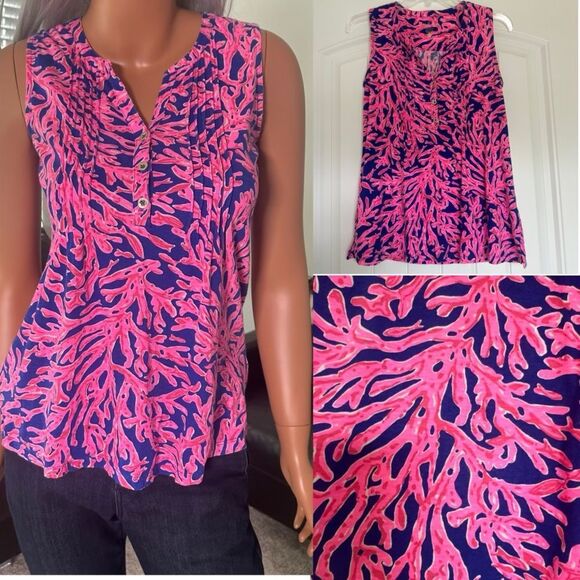 Lilly Pullitzer Sleeveless Top Samba Coral Small Pink Blue Resort Beach Coastal - Picture 1 of 6